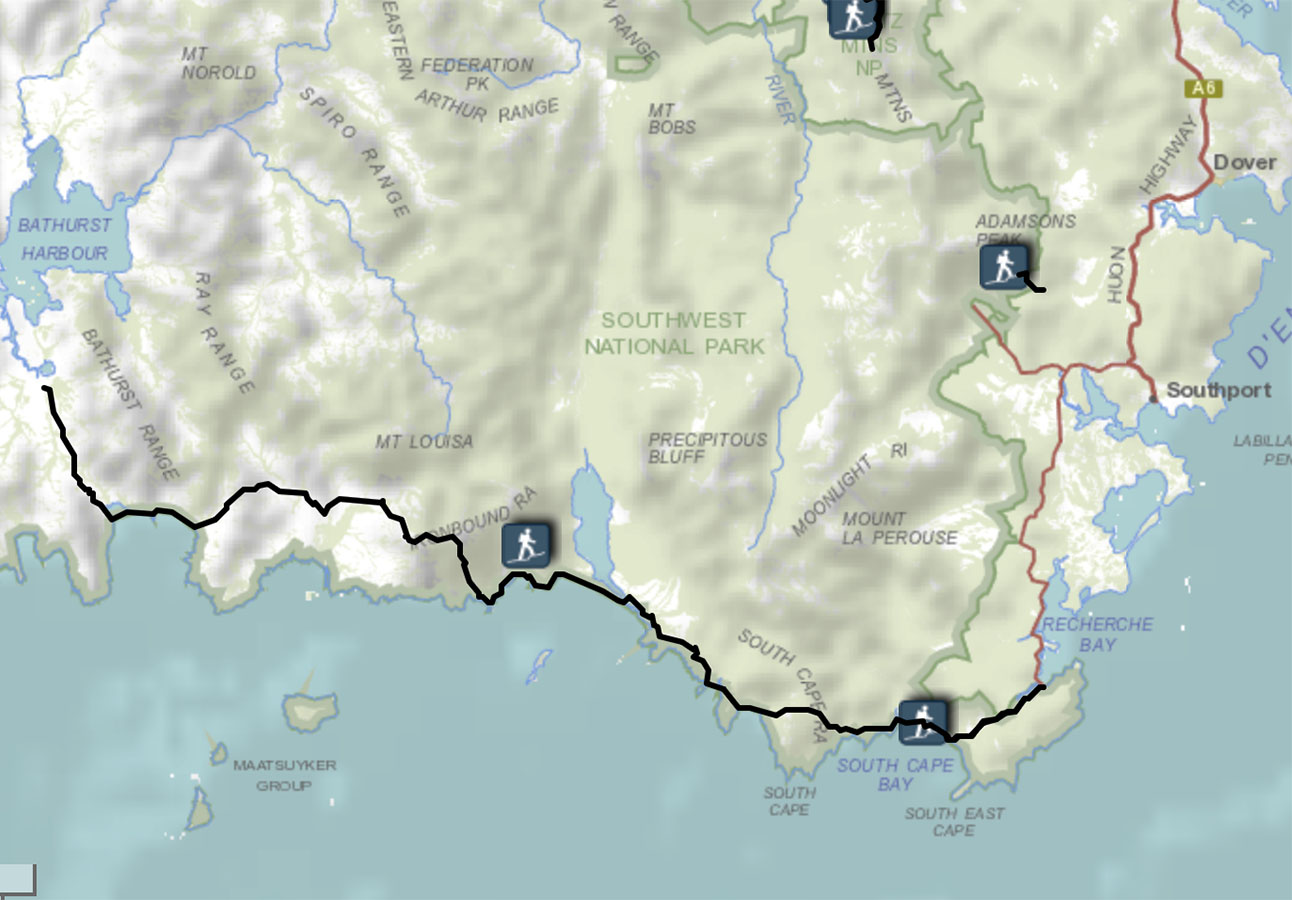 South Coast Track Tasmania map showing trail